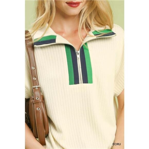 Umgee Textured Striped Zip Collar Knit Top - Picture 4 of 4